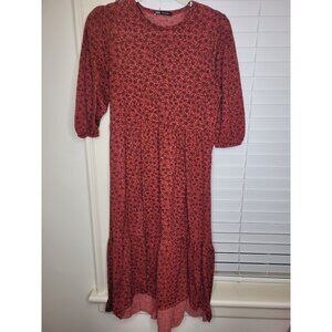 Zara Red & Black Prairie Floral Print Maxi Dress Ruffle Puff Sleeves - S